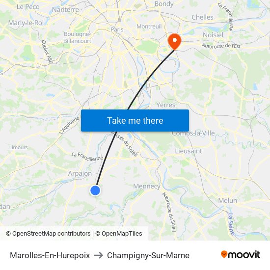 Marolles-En-Hurepoix to Champigny-Sur-Marne map