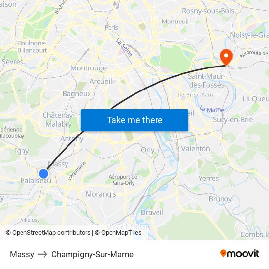 Massy to Champigny-Sur-Marne map