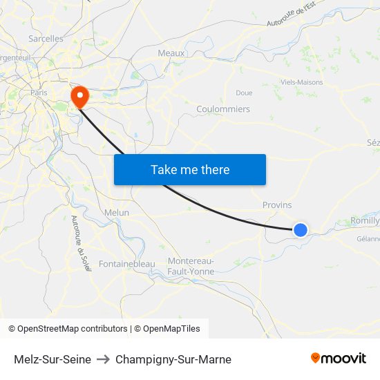 Melz-Sur-Seine to Champigny-Sur-Marne map