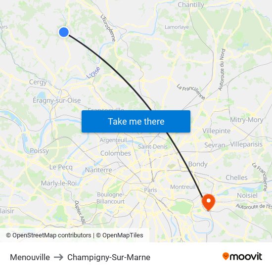 Menouville to Champigny-Sur-Marne map