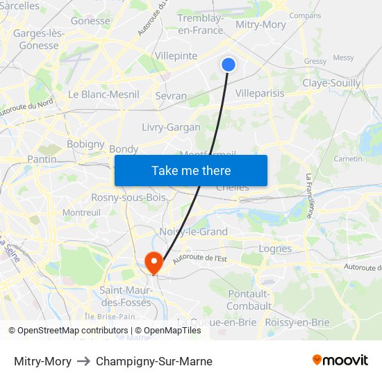 Mitry-Mory to Champigny-Sur-Marne map