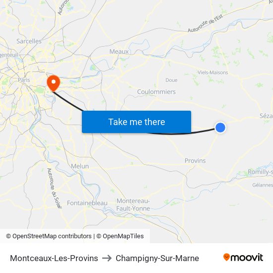 Montceaux-Les-Provins to Champigny-Sur-Marne map