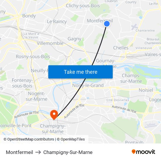 Montfermeil to Champigny-Sur-Marne map