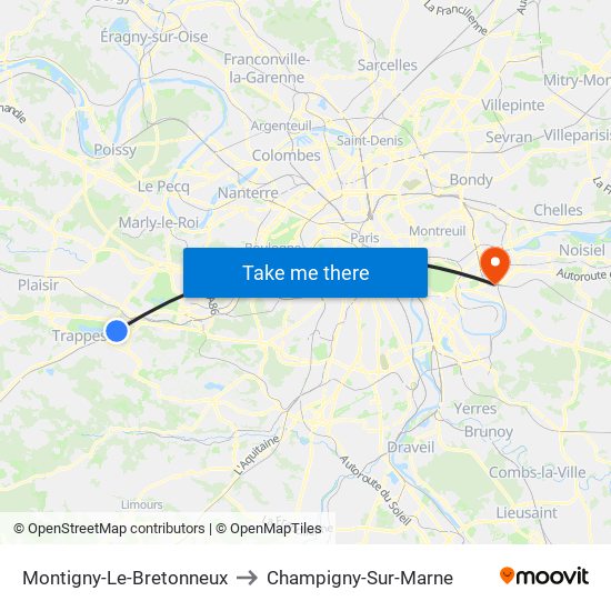 Montigny-Le-Bretonneux to Champigny-Sur-Marne map