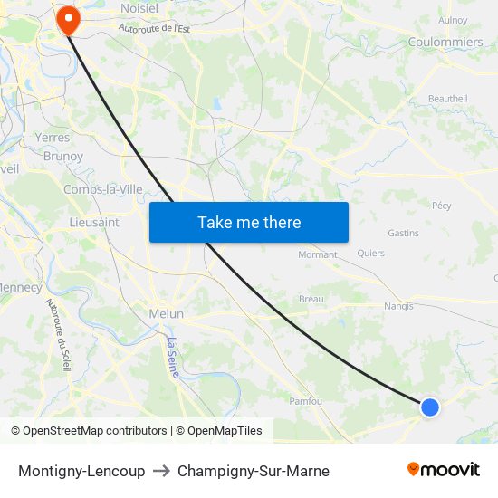 Montigny-Lencoup to Champigny-Sur-Marne map