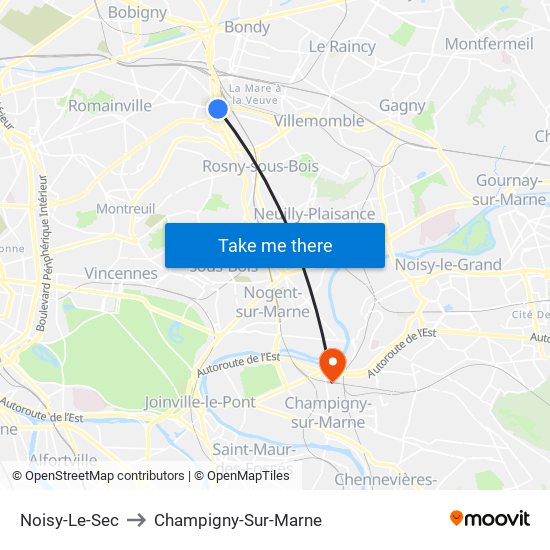 Noisy-Le-Sec to Champigny-Sur-Marne map