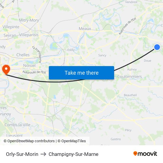 Orly-Sur-Morin to Champigny-Sur-Marne map