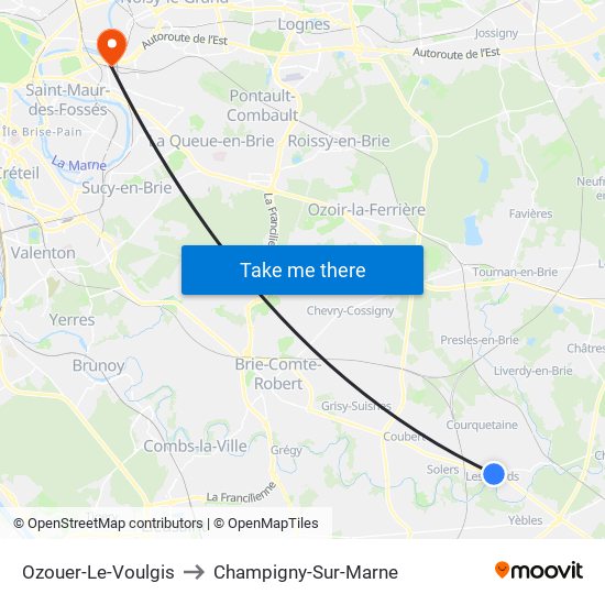 Ozouer-Le-Voulgis to Champigny-Sur-Marne map