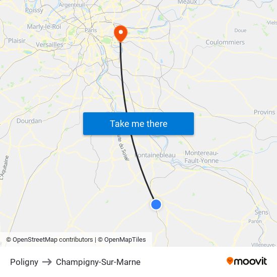 Poligny to Champigny-Sur-Marne map