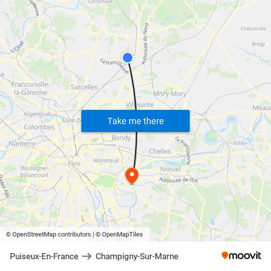 Puiseux-En-France to Champigny-Sur-Marne map