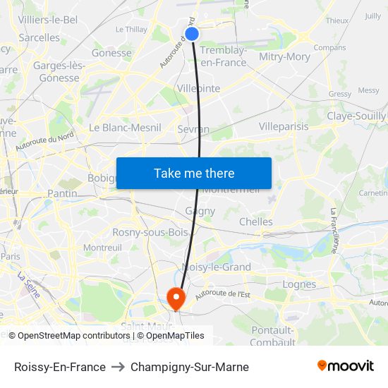 Roissy-En-France to Champigny-Sur-Marne map