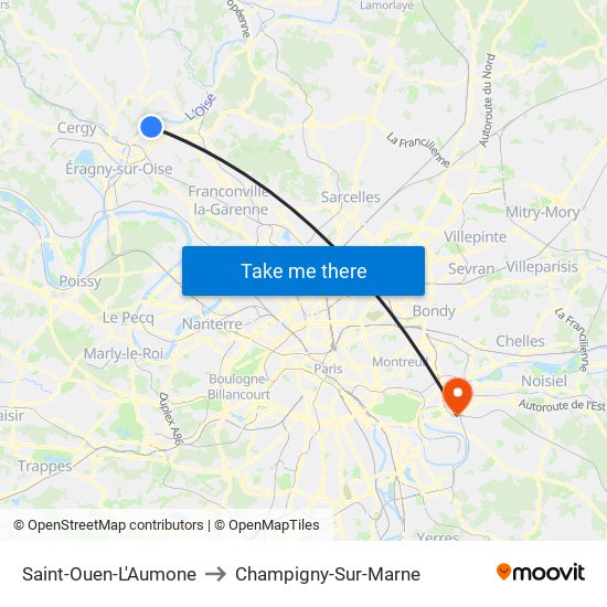 Saint-Ouen-L'Aumone to Champigny-Sur-Marne map