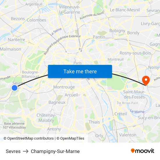 Sevres to Champigny-Sur-Marne map