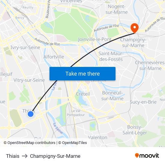 Thiais to Champigny-Sur-Marne map