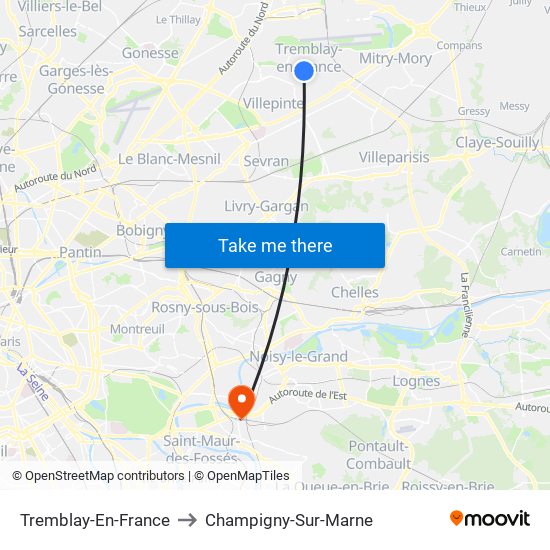 Tremblay-En-France to Champigny-Sur-Marne map