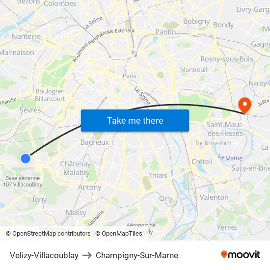 Velizy-Villacoublay to Champigny-Sur-Marne map