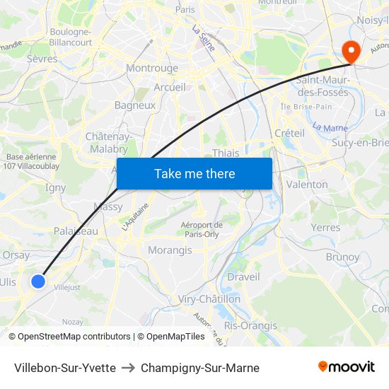 Villebon-Sur-Yvette to Champigny-Sur-Marne map