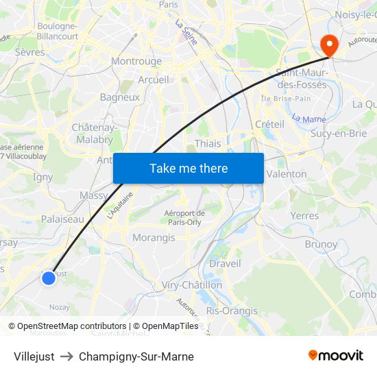 Villejust to Champigny-Sur-Marne map