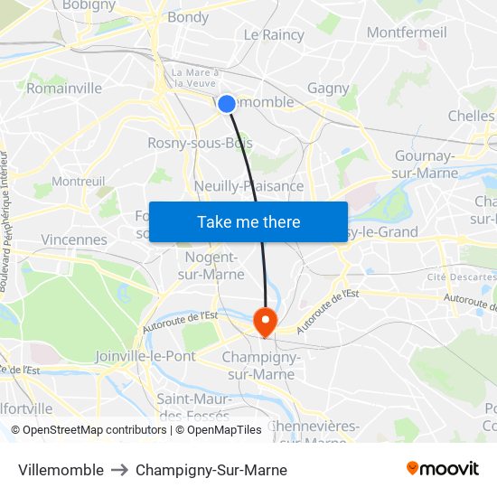 Villemomble to Champigny-Sur-Marne map