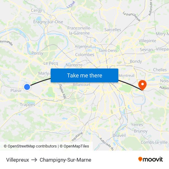 Villepreux to Champigny-Sur-Marne map
