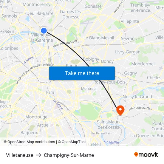 Villetaneuse to Champigny-Sur-Marne map