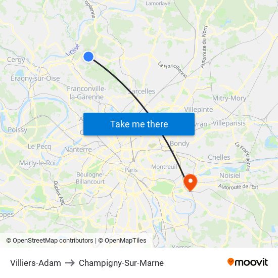 Villiers-Adam to Champigny-Sur-Marne map