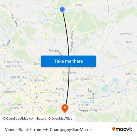 Vineuil-Saint-Firmin to Champigny-Sur-Marne map