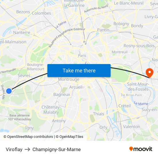 Viroflay to Champigny-Sur-Marne map
