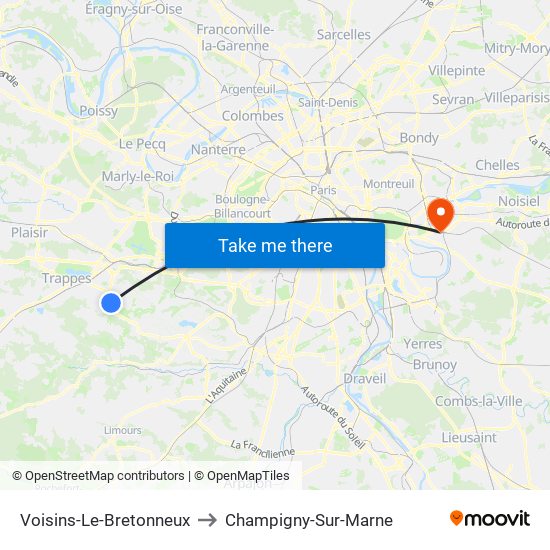 Voisins-Le-Bretonneux to Champigny-Sur-Marne map