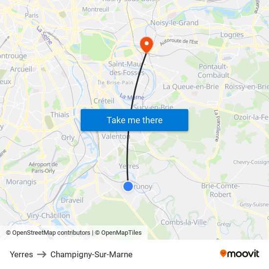 Yerres to Champigny-Sur-Marne map