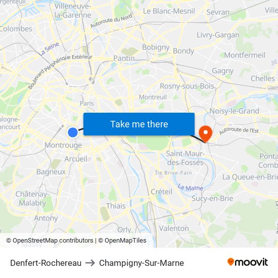 Denfert-Rochereau to Champigny-Sur-Marne map