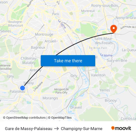 Gare de Massy-Palaiseau to Champigny-Sur-Marne map