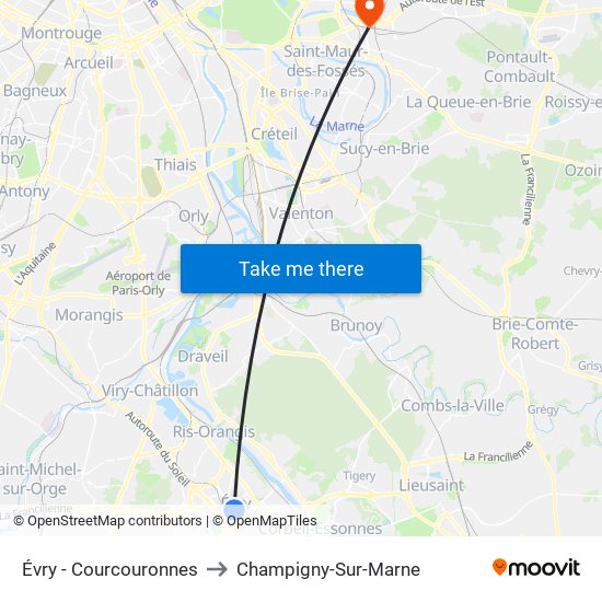 Évry - Courcouronnes to Champigny-Sur-Marne map