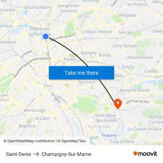 Saint-Denis to Champigny-Sur-Marne map