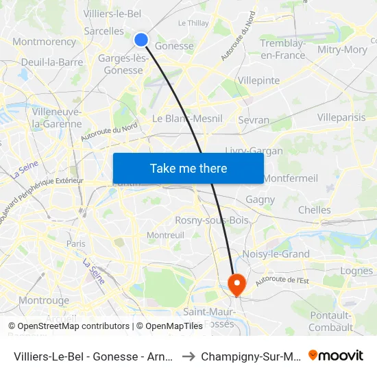 Villiers-Le-Bel - Gonesse - Arnouville to Champigny-Sur-Marne map