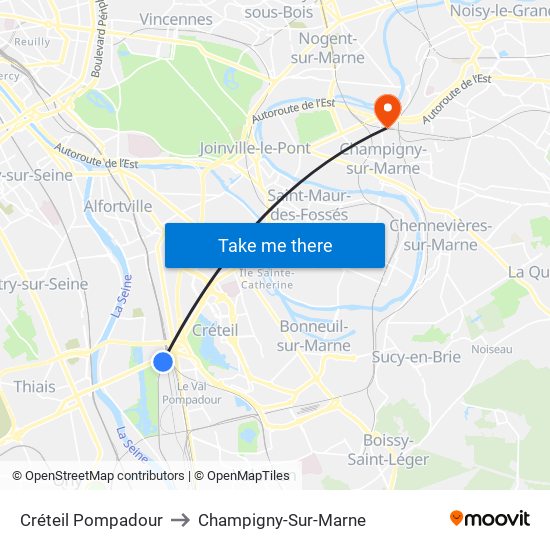 Créteil Pompadour to Champigny-Sur-Marne map