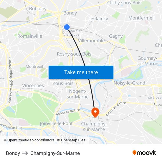 Bondy to Champigny-Sur-Marne map