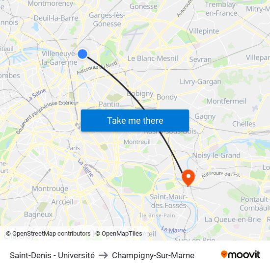 Saint-Denis - Université to Champigny-Sur-Marne map