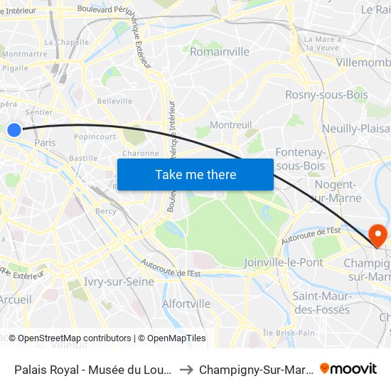 Palais Royal - Musée du Louvre to Champigny-Sur-Marne map