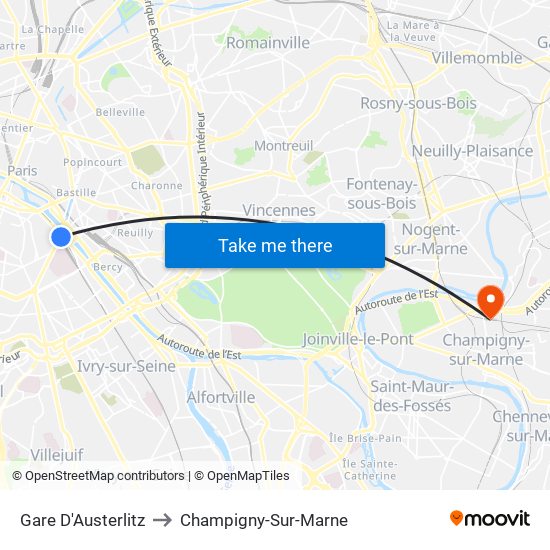 Gare D'Austerlitz to Champigny-Sur-Marne map