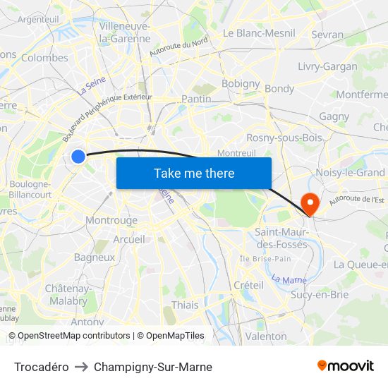 Trocadéro to Champigny-Sur-Marne map