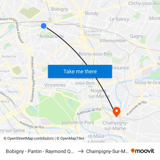 Bobigny - Pantin - Raymond Queneau to Champigny-Sur-Marne map