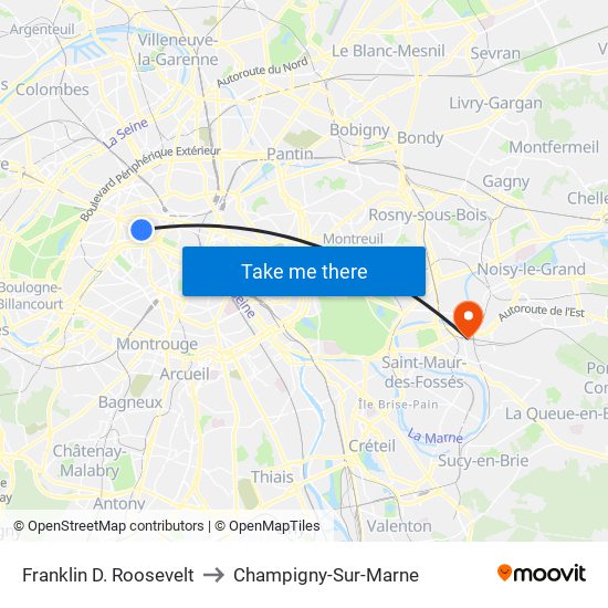 Franklin D. Roosevelt to Champigny-Sur-Marne map