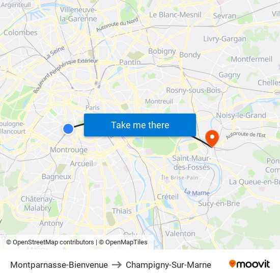 Montparnasse-Bienvenue to Champigny-Sur-Marne map