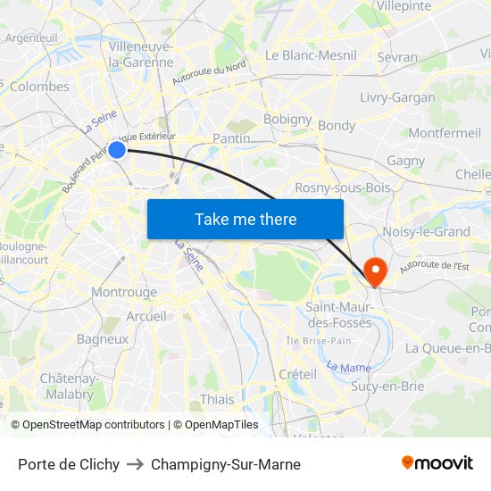 Porte de Clichy to Champigny-Sur-Marne map