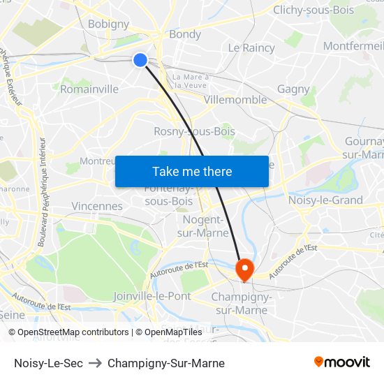 Noisy-Le-Sec to Champigny-Sur-Marne map