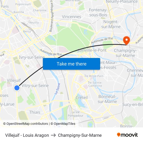 Villejuif - Louis Aragon to Champigny-Sur-Marne map