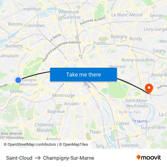 Saint-Cloud to Champigny-Sur-Marne map