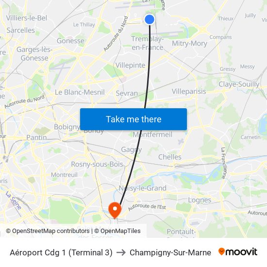 Aéroport Cdg 1 (Terminal 3) to Champigny-Sur-Marne map