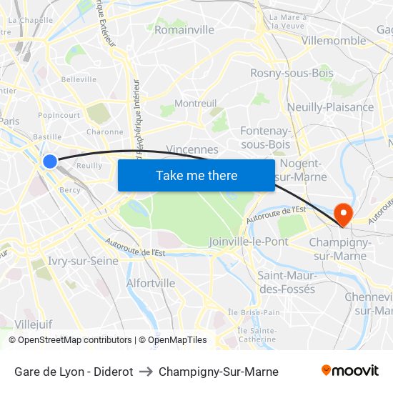 Gare de Lyon - Diderot to Champigny-Sur-Marne map